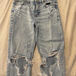 AE Stretch Super High Waisted Ripped Ankle Straight Jeans